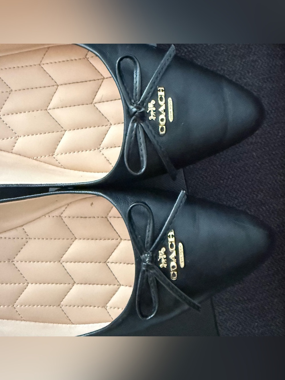 Coach Black Leather Bow Ballet Flats with Gold Plaque